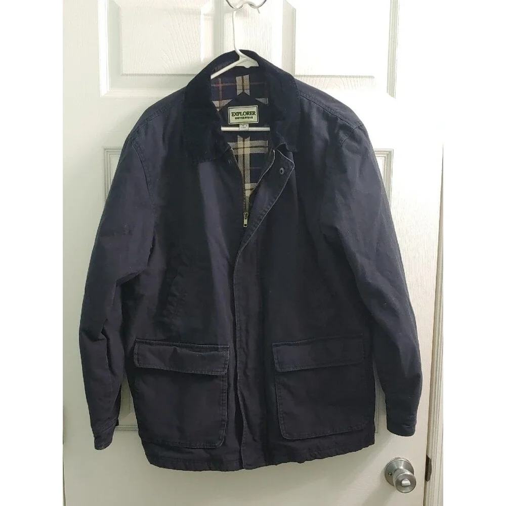Vintage Navy Blue Barn Coat Flannel Lined Chore Jacket Corduroy Collar Unisex L